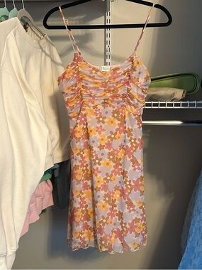 Floral Ruched mini Sundress - Pink, Yellow, Brown